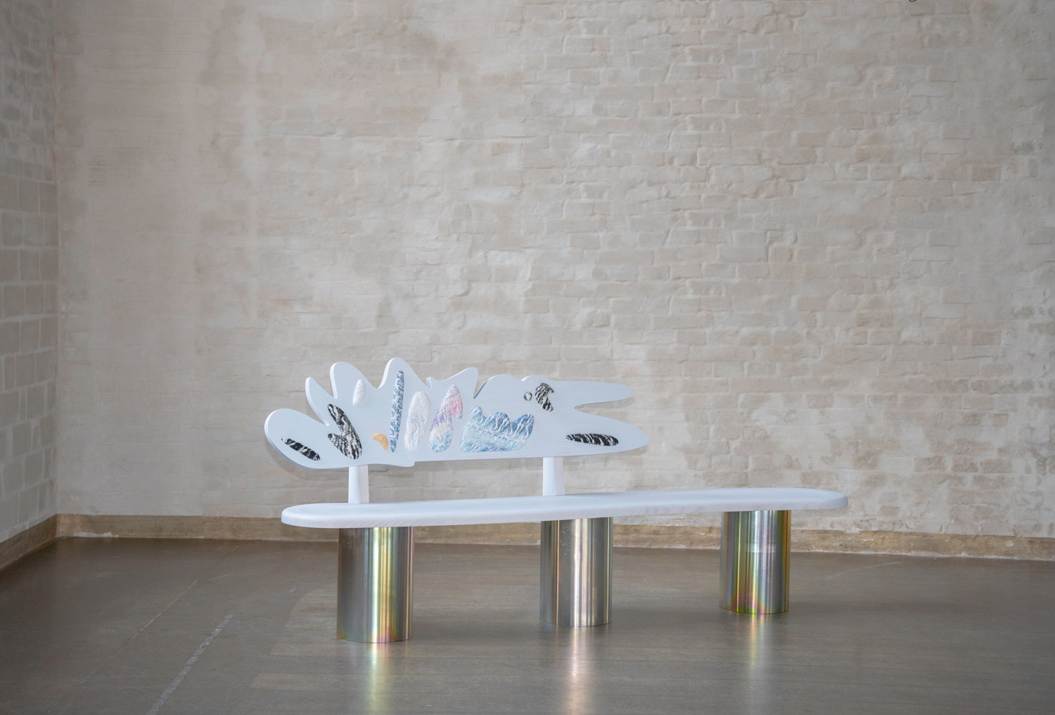 Cloudy Preludium bench in blue stained ash wood with hand woven textile and organic geometry by Jiri Krejcirik
