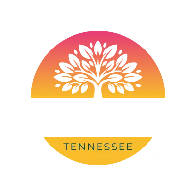 New Day Tennessee logo featuring a stylized tree inside a sun with triangular rays, set against a gradient background of pink, orange, and yellow.