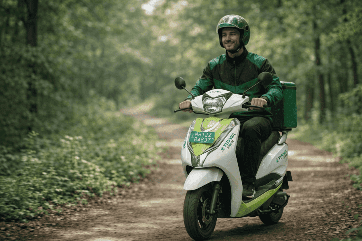 Yuvwaa Electric delivery rider on a green scooter, symbolizing eco-friendly transportation. 