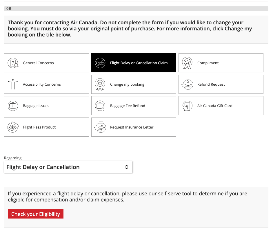 Air Canada customer relations form