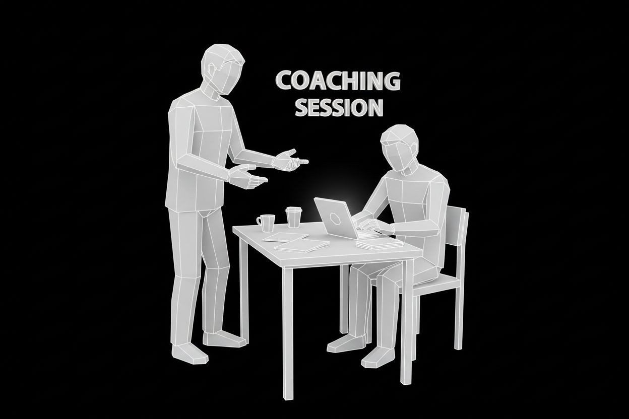 A manager coaching a salesperson during a meeting