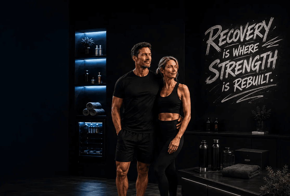 Man and woman standing in front of quote that says recovery is where strength is rebuilt