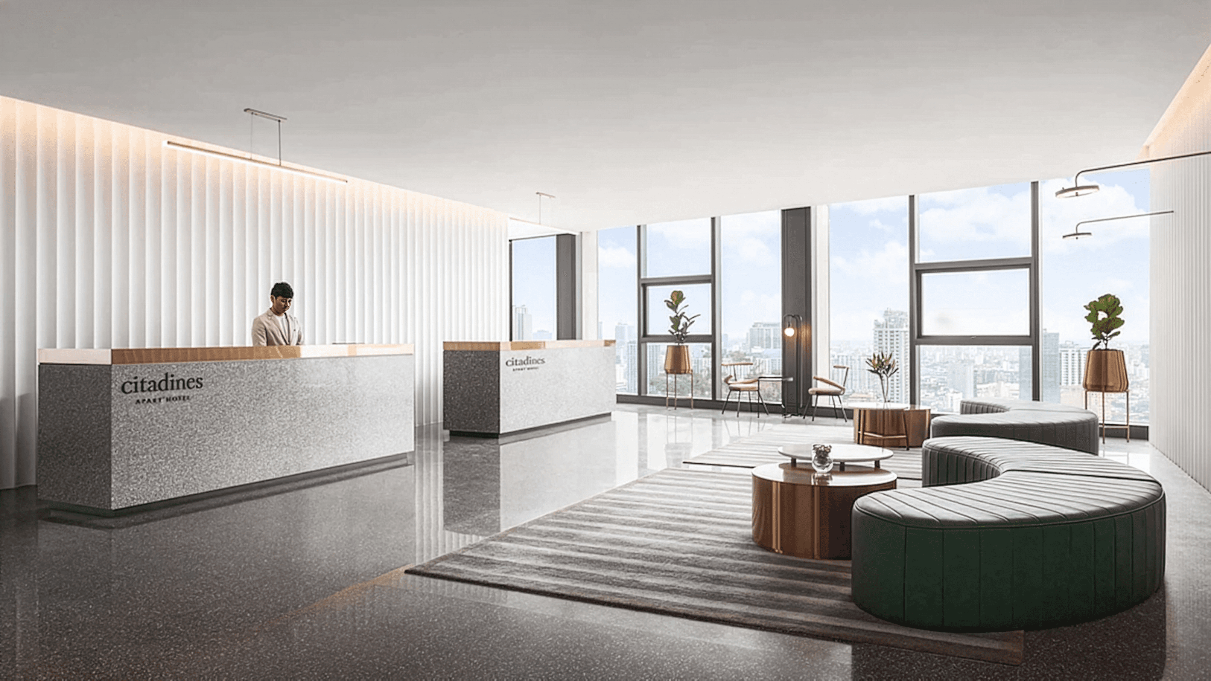 Interior design of the modern reception and entrance area at Urban Living Solutions HQ in Rose Apple Square, Siem Reap, featuring a wooden slatted reception desk with a neon logo, integrated large plants, and an adjacent display area with framed artwork.