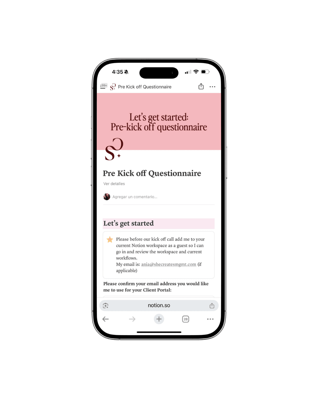 Mobile view of a Notion pre-kick-off questionnaire for a client portal.