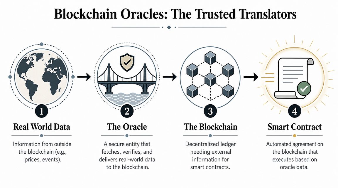 An infographic illustrating how blockchain oracles bridge real-world data to smart contracts on a blockchain network.