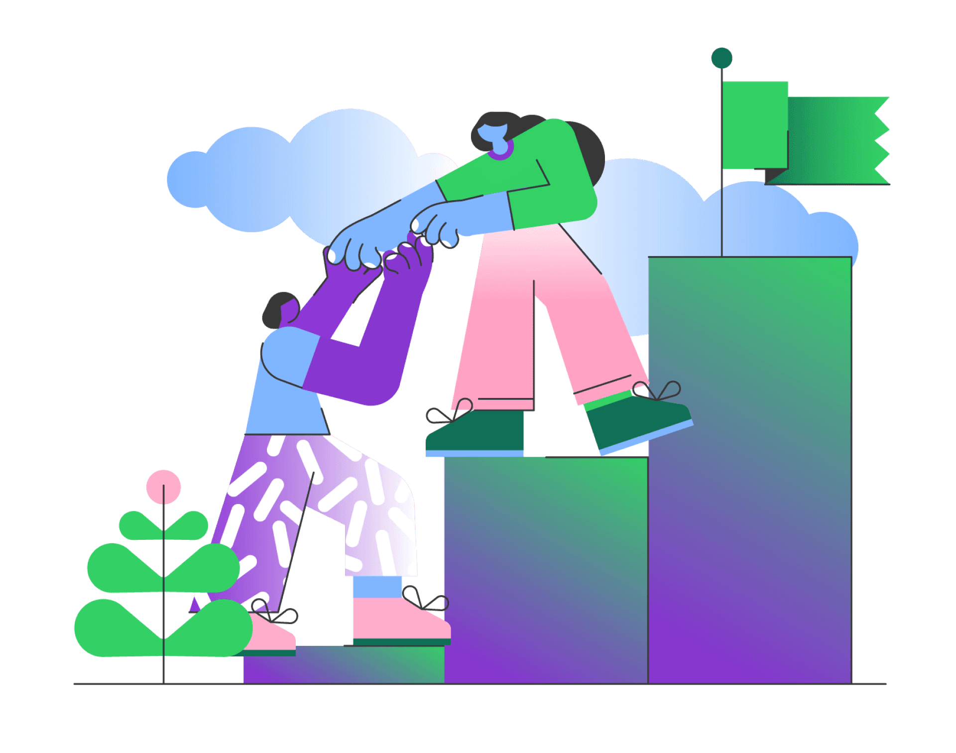 Dos figuras abstractas colaboran, con una ayudando a la otra a subir a una plataforma más alta. Alrededor hay nubes estilizadas y una bandera, sugiriendo trabajo en equipo y logro.