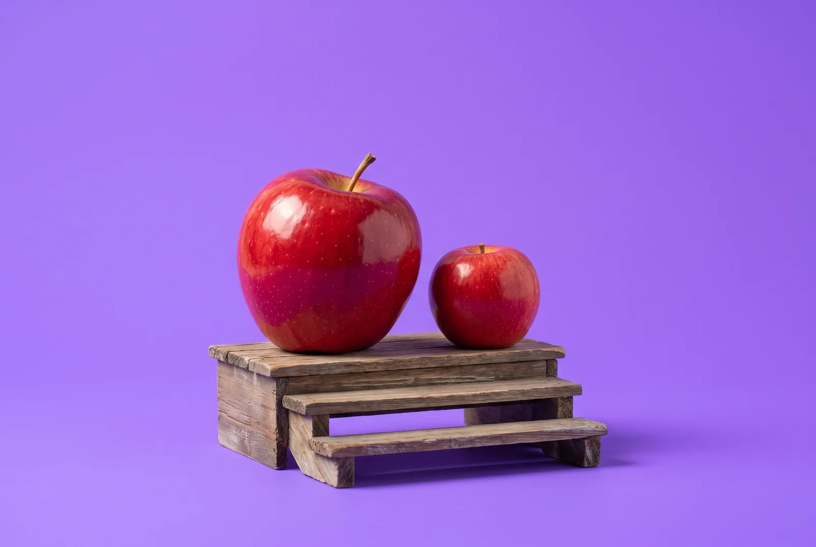 A big red apple and a small red apple side by side on two tiny wooden steps, a calm image for how to talk to your son about porn