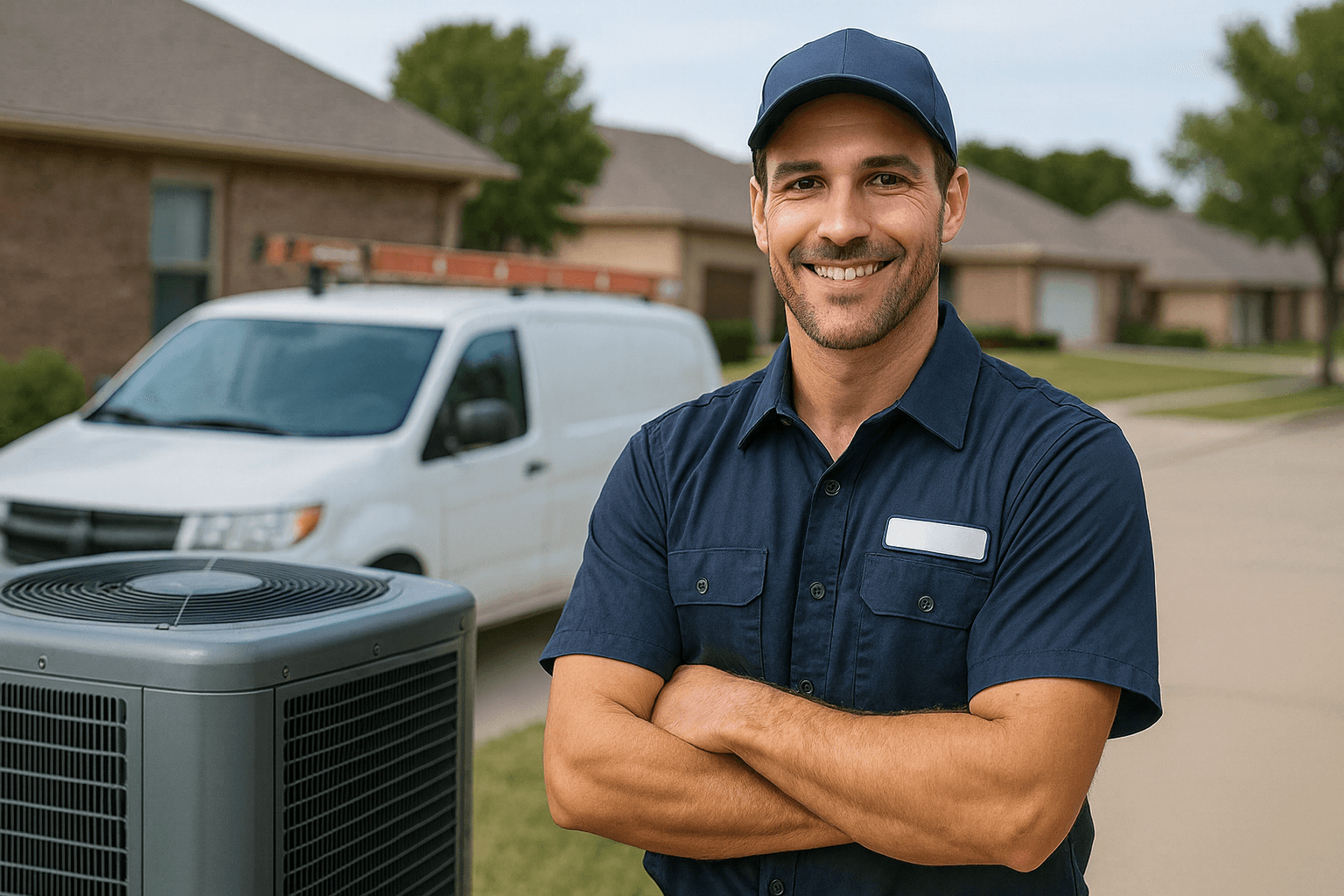 HVAC technician smiling confidently in front of an air conditioning unit and service van, representing emergency HVAC services.