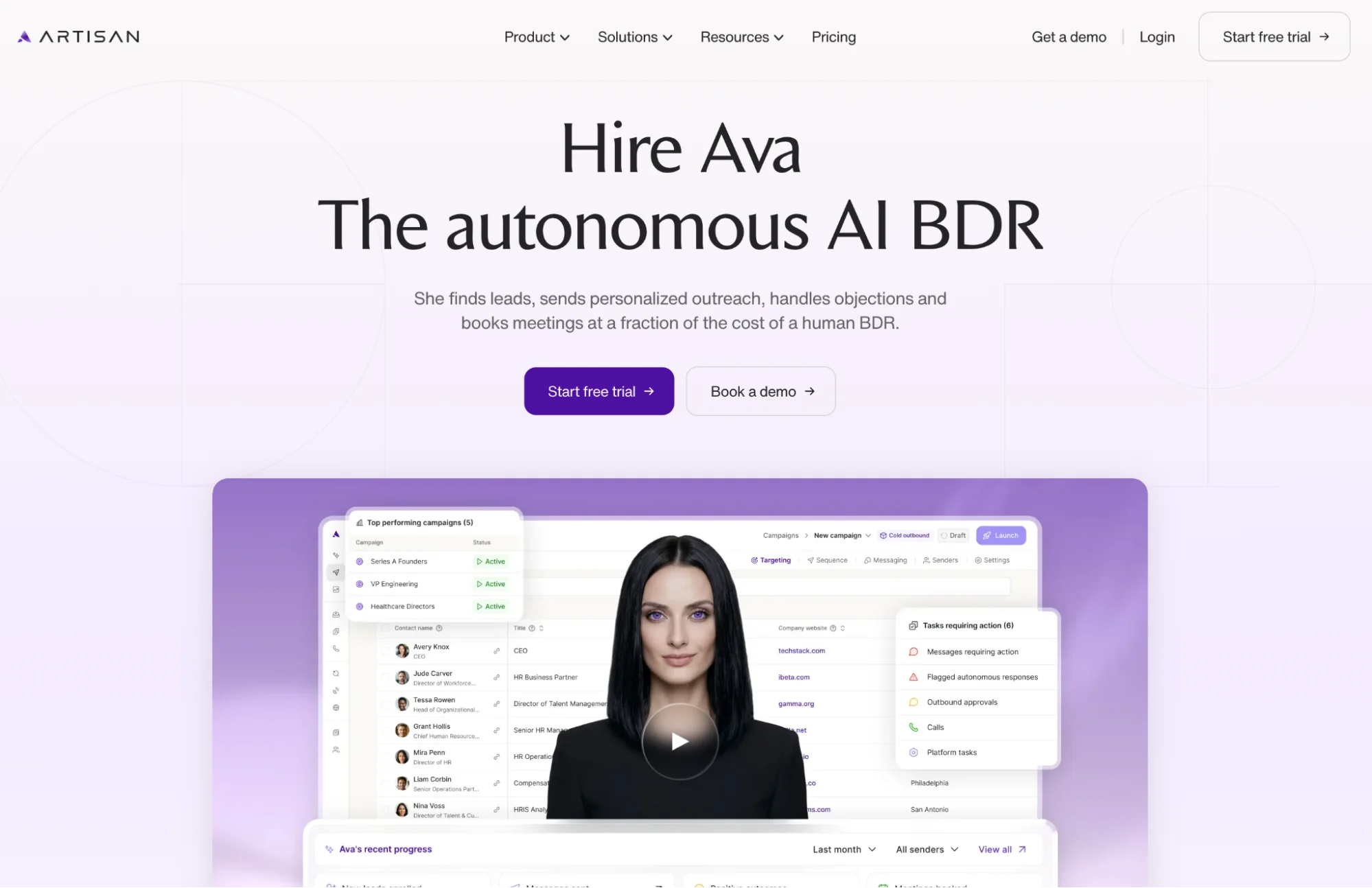 Artisan homepage: AI BDR platform that automates outbound sales outreach
