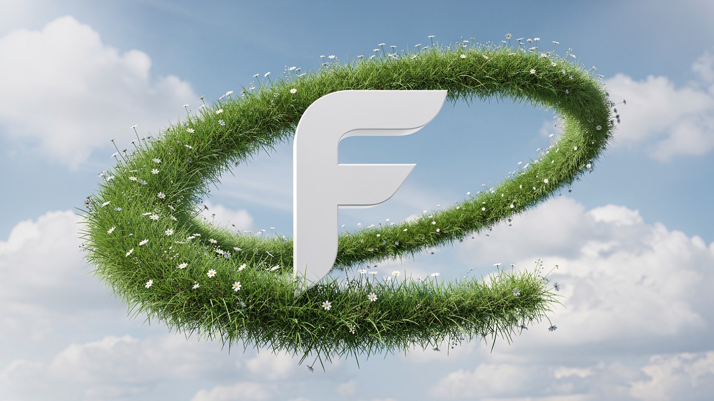 A large letter "F" made of white material stands against a backdrop of a green grassy swirl adorned with small white flowers under a partly cloudy sky.