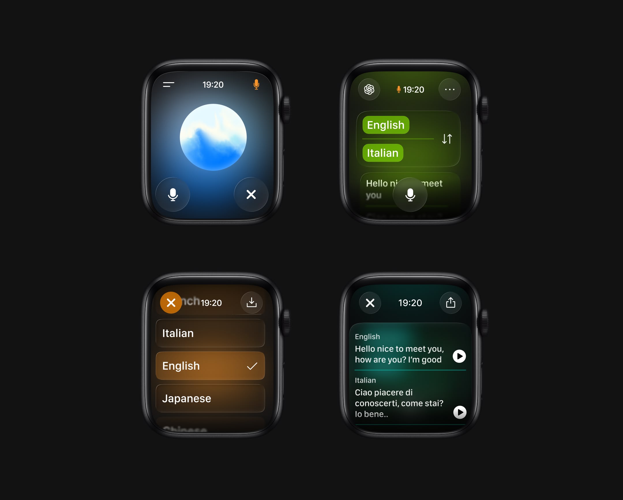 Apple Watch with translation apps in English and Italian.