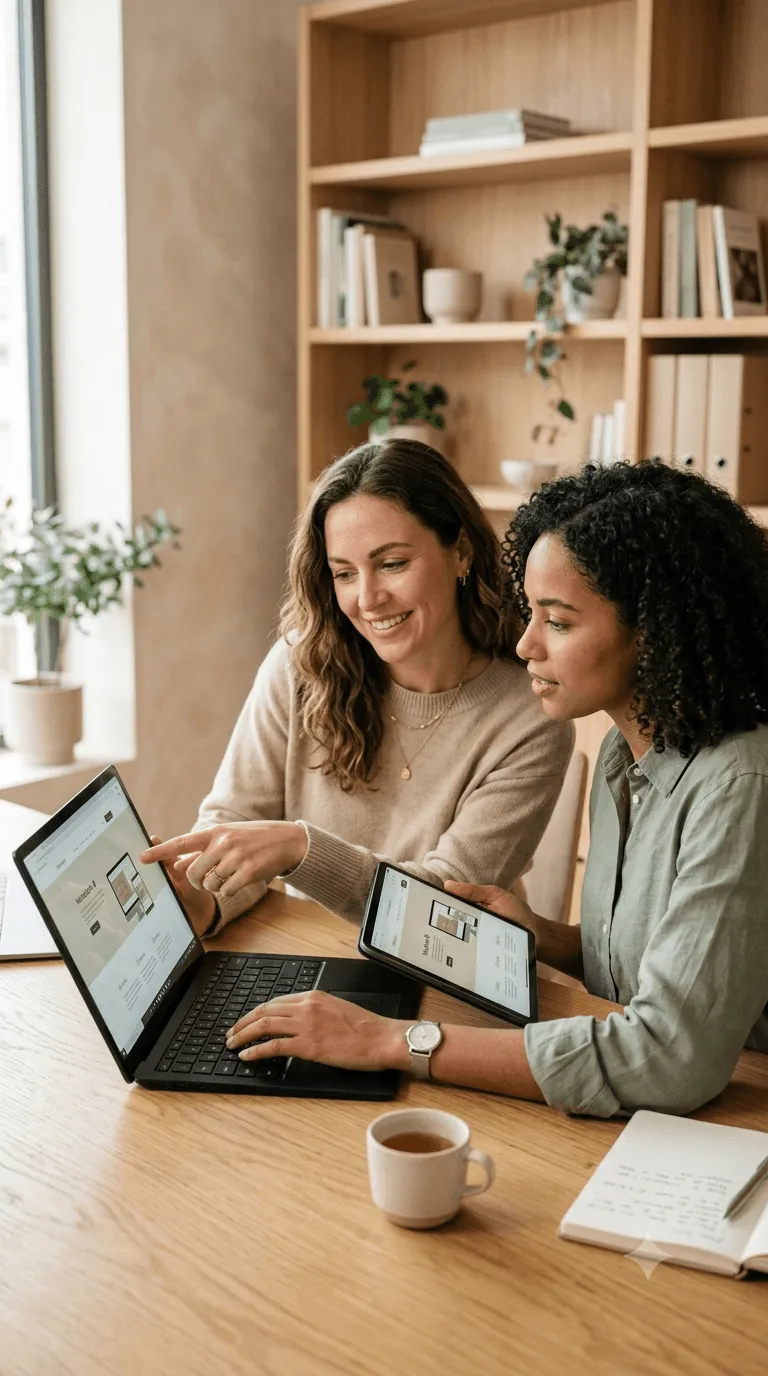 People sitting at a table with laptops and presents.