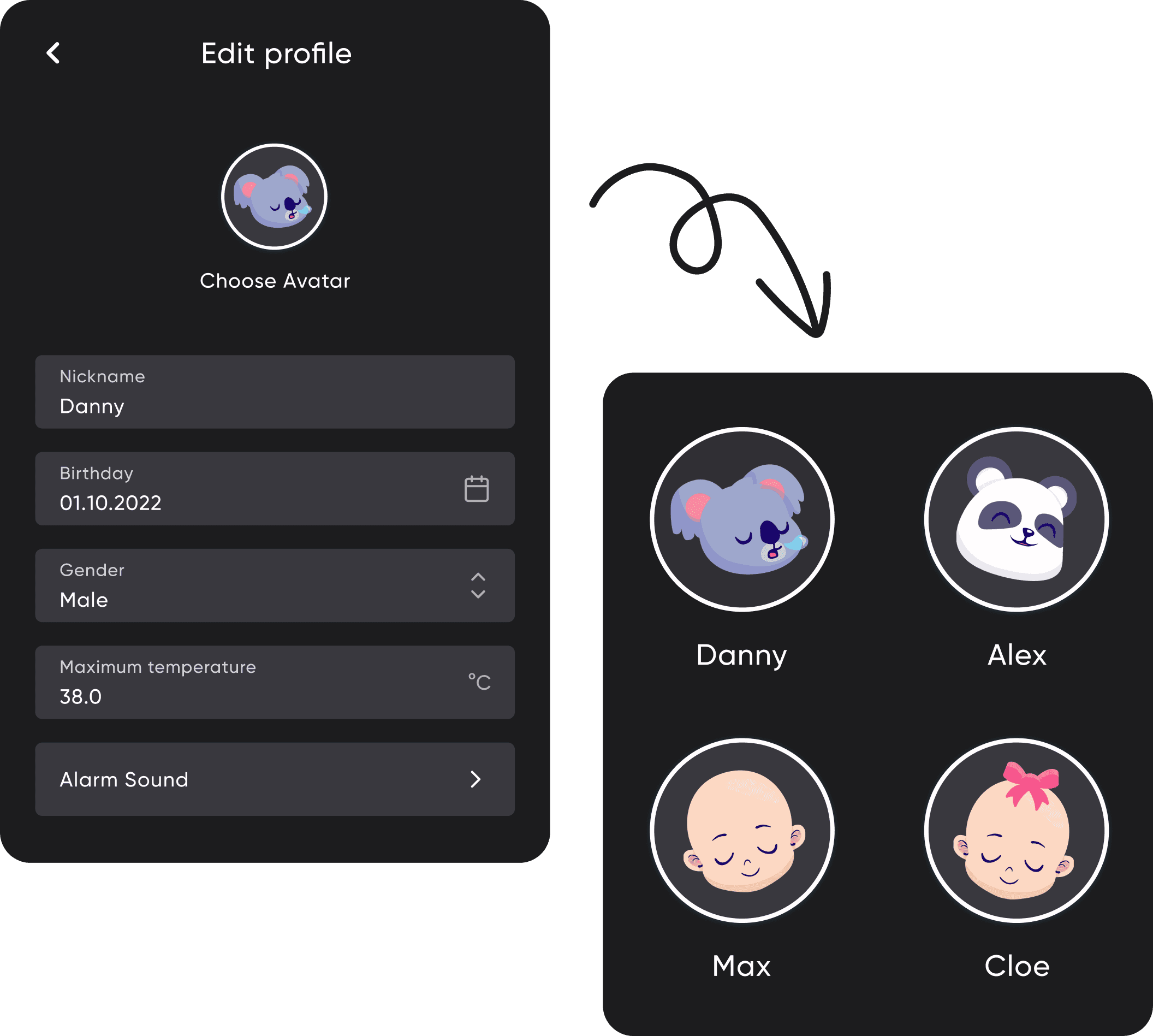 Two screens showing Edit profile and Choose profile settings
