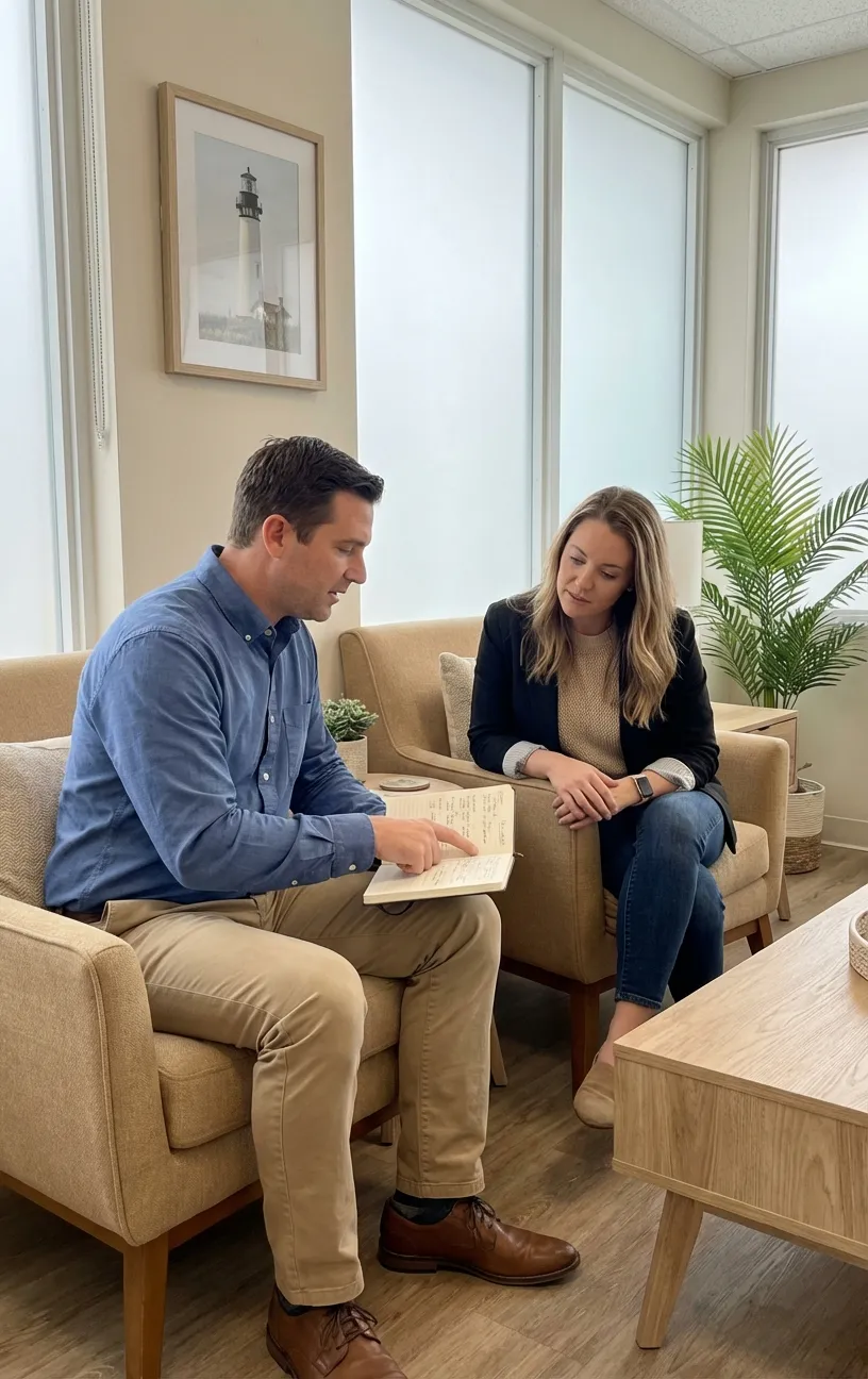 Two people discuss notes at RockN' Socials, a digital marketing agency.