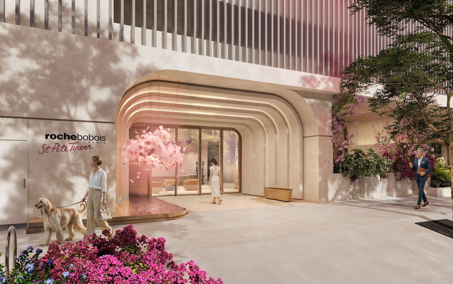 Rendering of the Roche Bobois St. Pete Tower main entrance lobby with elegant arched entryway, branded signage, a resident walking a dog, and pink blossoming trees