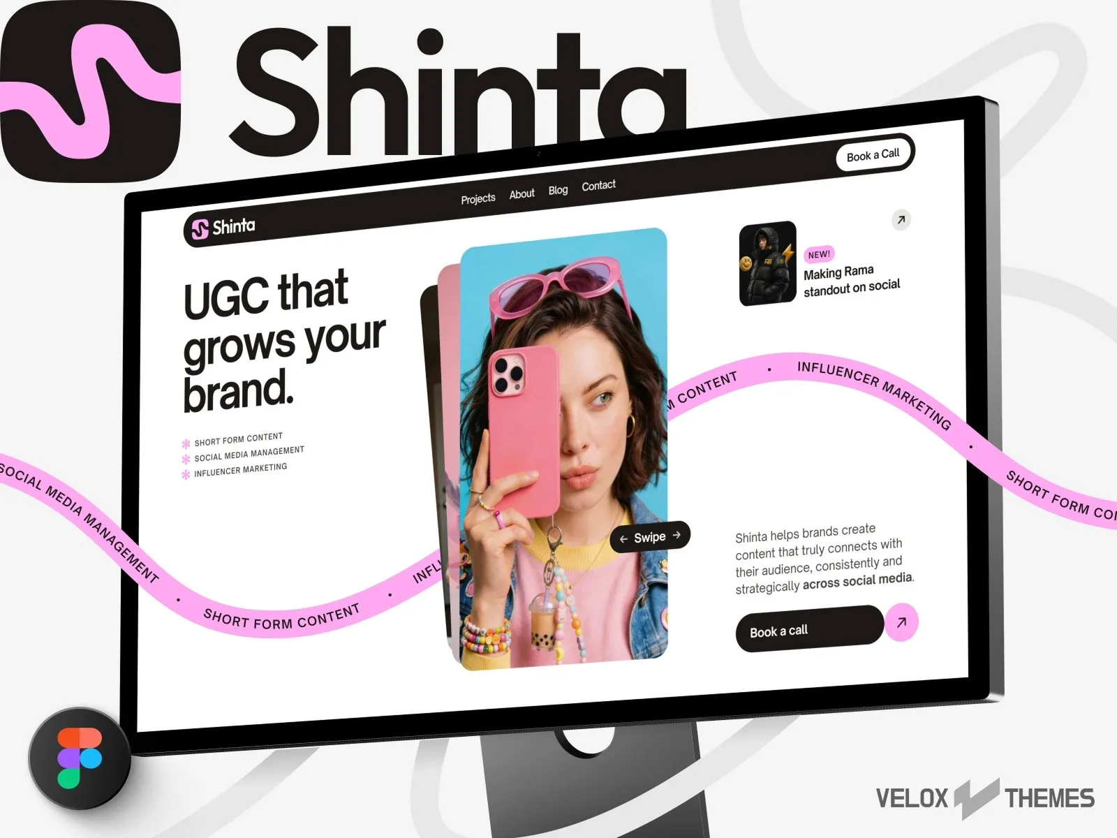 Website mockup showcasing UGC services with a woman holding a phone.