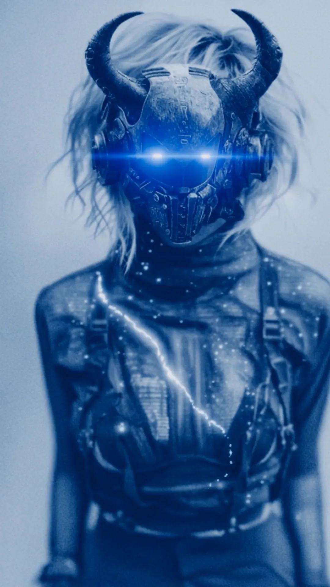 Immagine Smateriae per We Are the Machine | Again, figura mascherata con luce blu e corpo sintetico frontale.