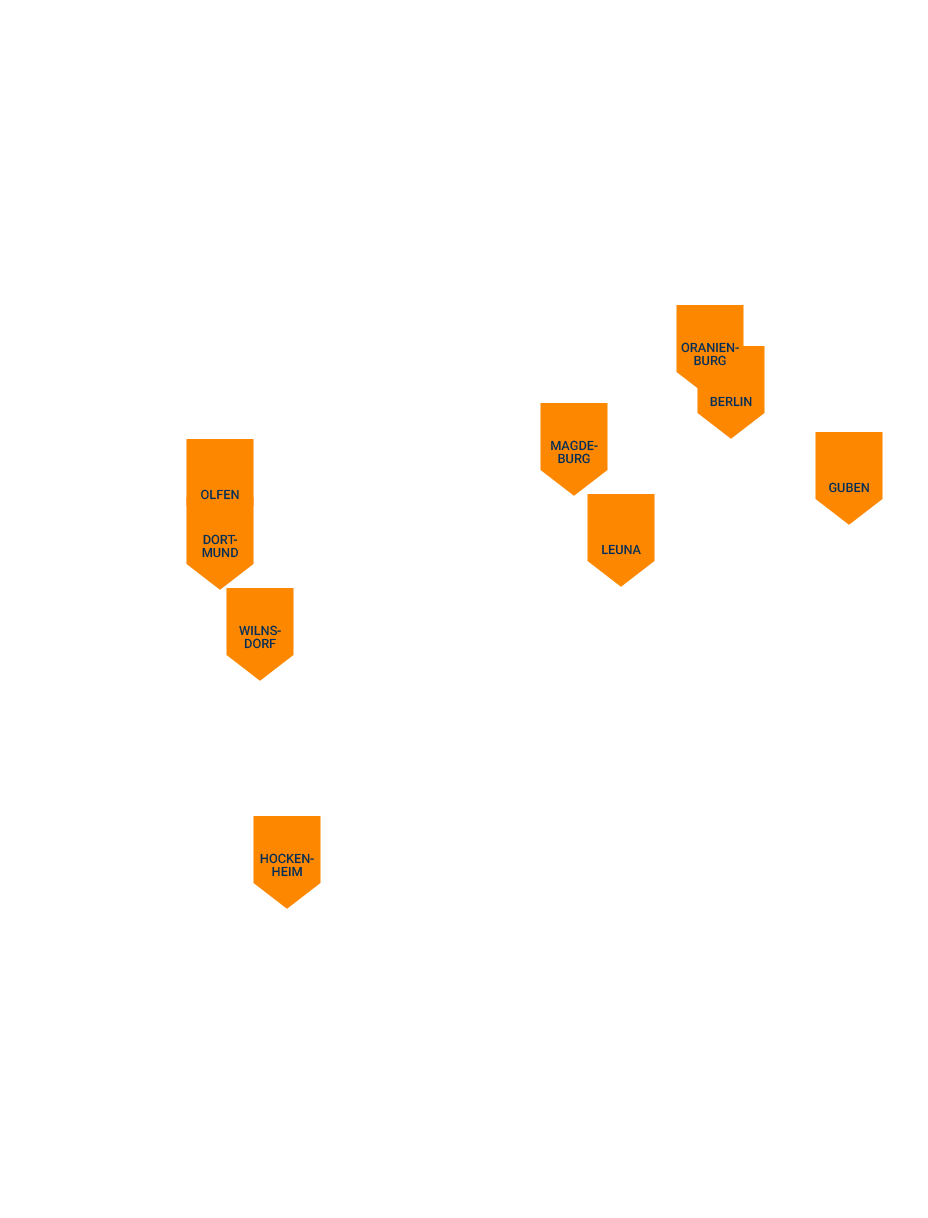 Deutschlandkarte mit den Standorten von RITTER Starkstromtechnik. Orange Markierungen kennzeichnen die Niederlassungen in Berlin, Braunschweig, Dortmund, Guben, Hockenheim, Ladenburg, Leuna, Magdeburg, Olfen, Oranienburg und Wilnsdorf.