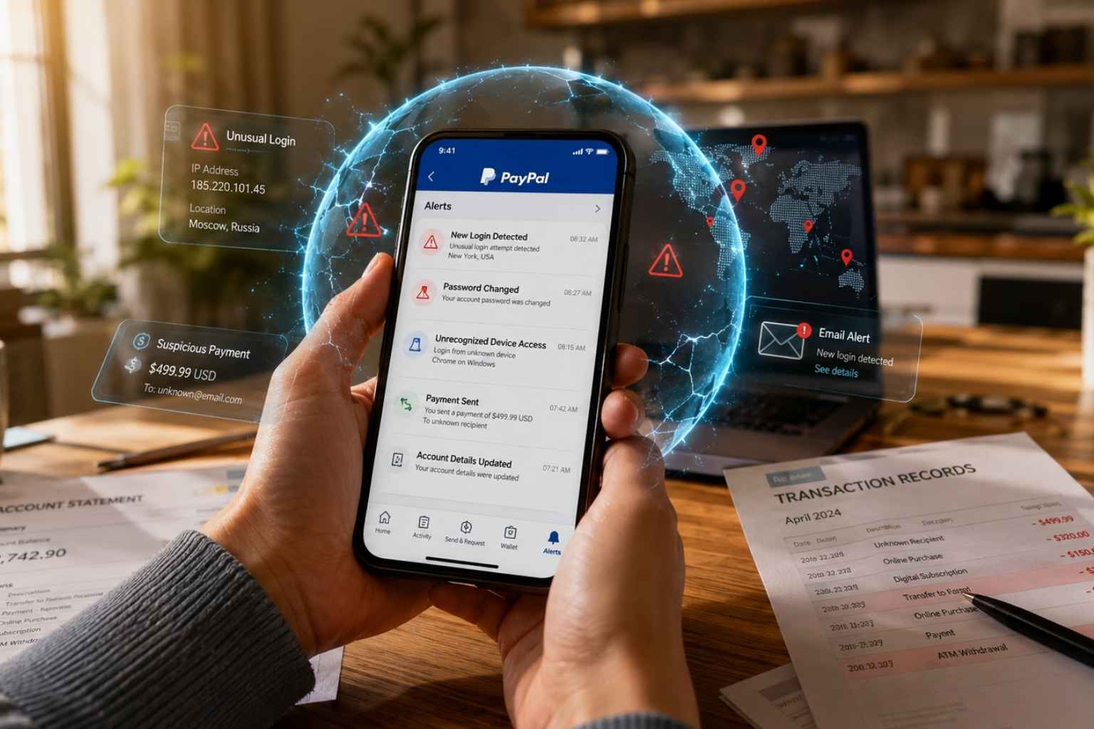 Person using a smartphone showing a PayPal login page while floating icons represent phishing emails, stolen passwords, compromised credentials, and unauthorized access attempts