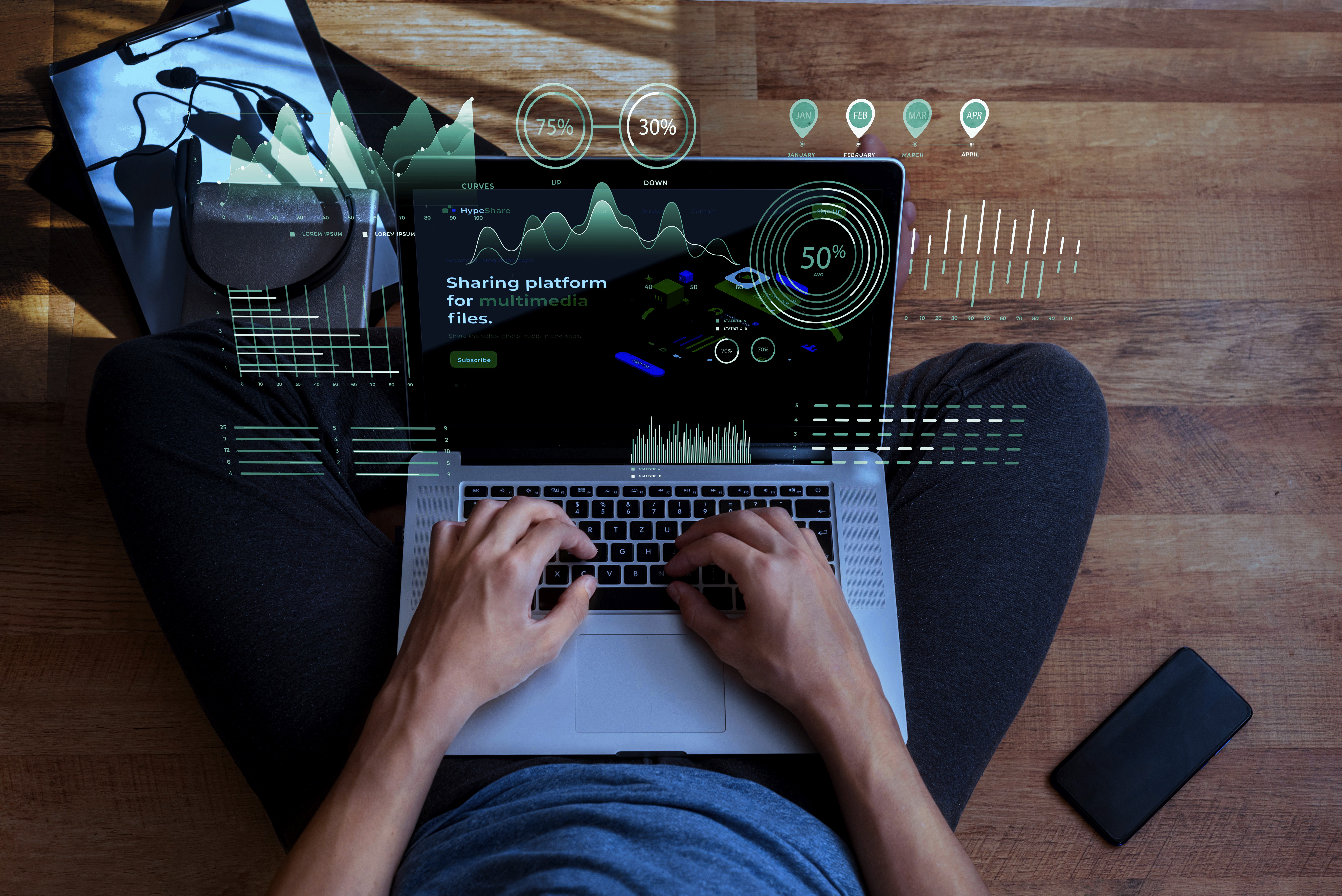 Double exposure portrait of a man with a landscape and technology inside his head. 