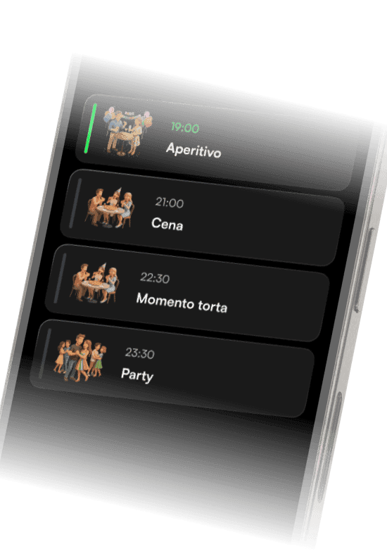 Schermata Togevent: programma dell’evento con orari e momenti della serata