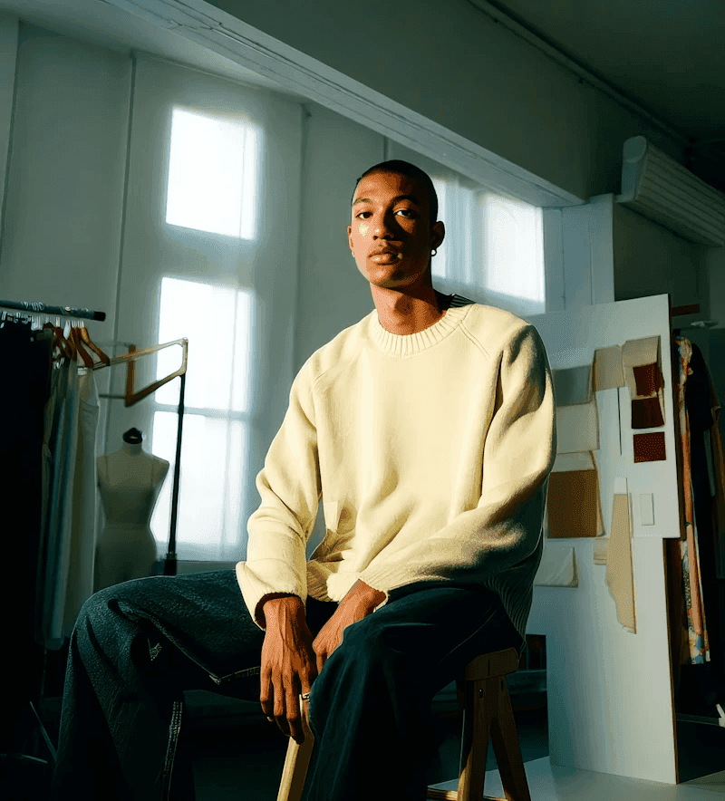Man in cream sweater sitting in a bright fashion studio.