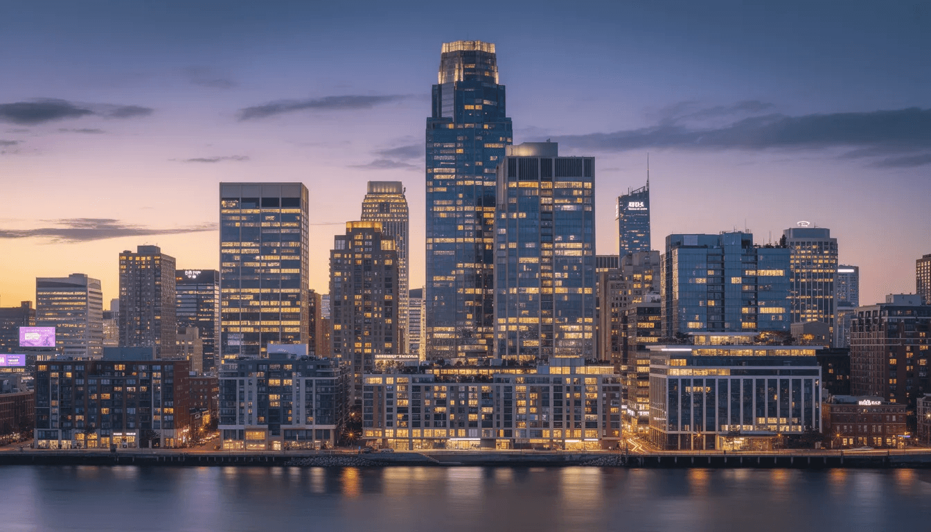 The image depicts a city skyline at dusk, showcasing a blend of commercial buildings, including sleek office towers and modern apartment complexes, silhouetted against a colorful sunset. This vibrant scene highlights the dynamic nature of urban real estate investments and the potential for income-producing properties in a bustling metropolitan area.
