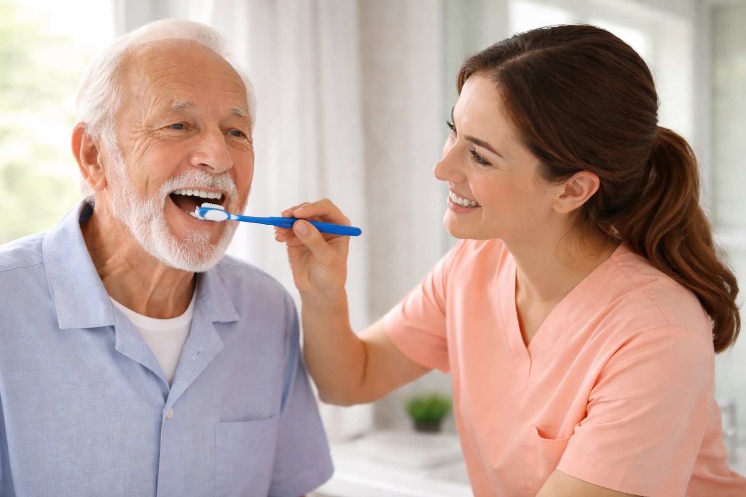 Elderly man receiving assistance with brushing his teeth.