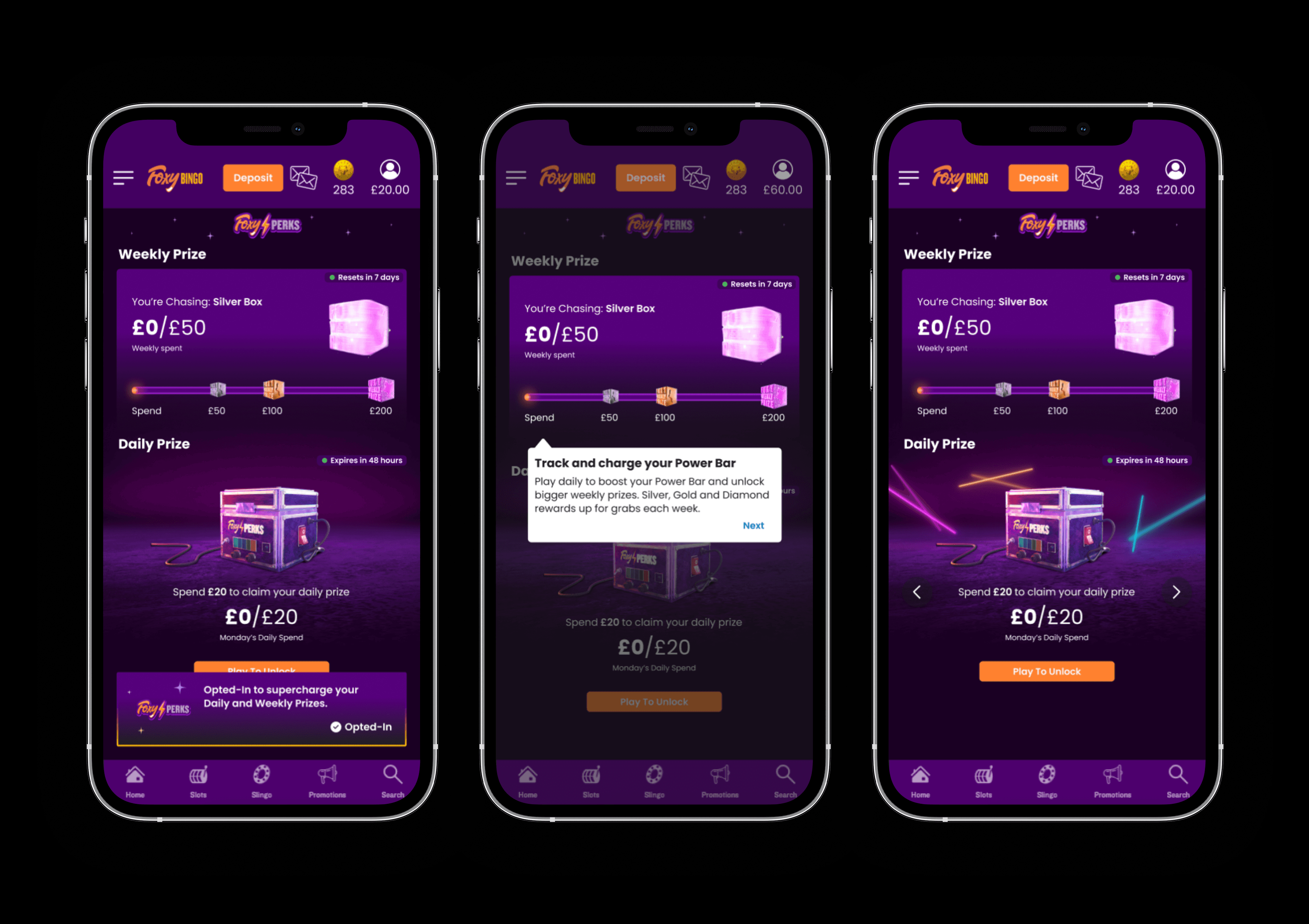 The first screens users encounter - the onboarding screens and home screen.