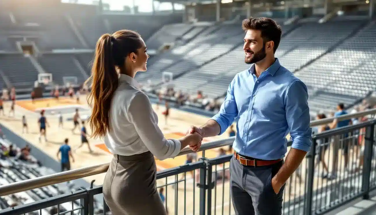 A professional man and woman shake hands in an indoor sports arena overlooking a basketball court, symbolising a collaborative partnership. The image represents CoachingArea's invitation to explore synergies with companies for mutually beneficial collaborations beyond financial exchanges.