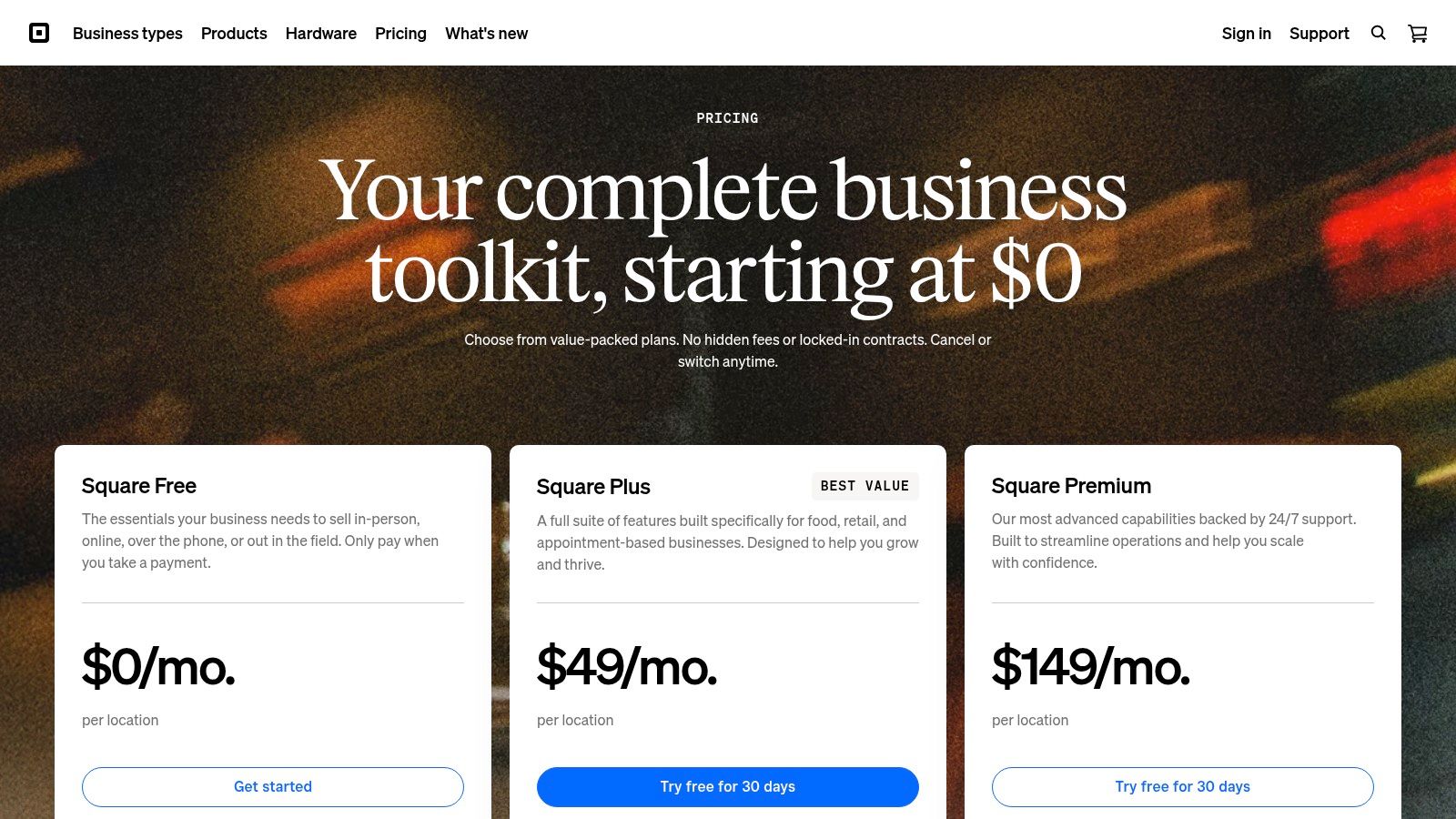 Square pricing for its various POS and online store plans