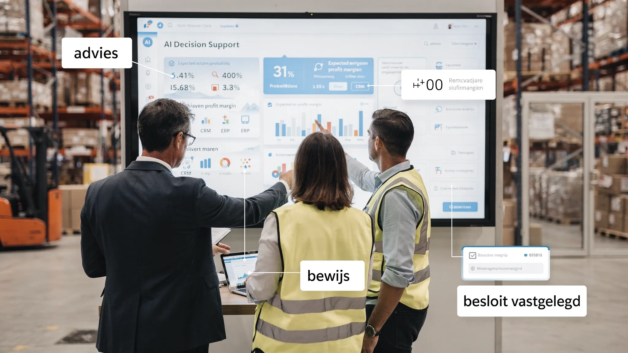 A cross‑functional B2B team from sales, operations and finance looks at a large screen with AI decision advice: probability of winning, expected impact on margin and lead time, plus source references to CRM, ERP and emails. In the background, a warehouse with shelving; in the foreground, clear annotations “advice”, “evidence” and “decision recorded”.