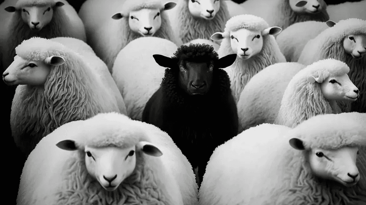 Black sheep stands among white sheep in monochrome image, symbolizing nonconformity and difference.