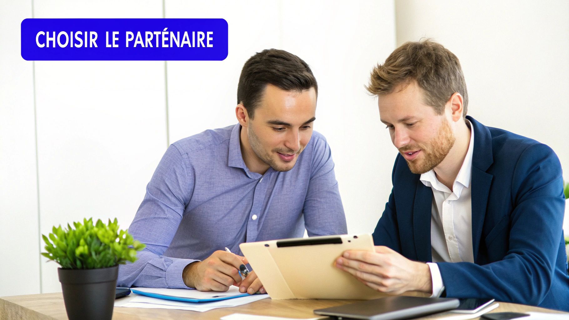 Deux hommes d'affaires discutent et collaborent, regardant une tablette, avec le texte 'CHOISIR LE PARTENAIRE'.