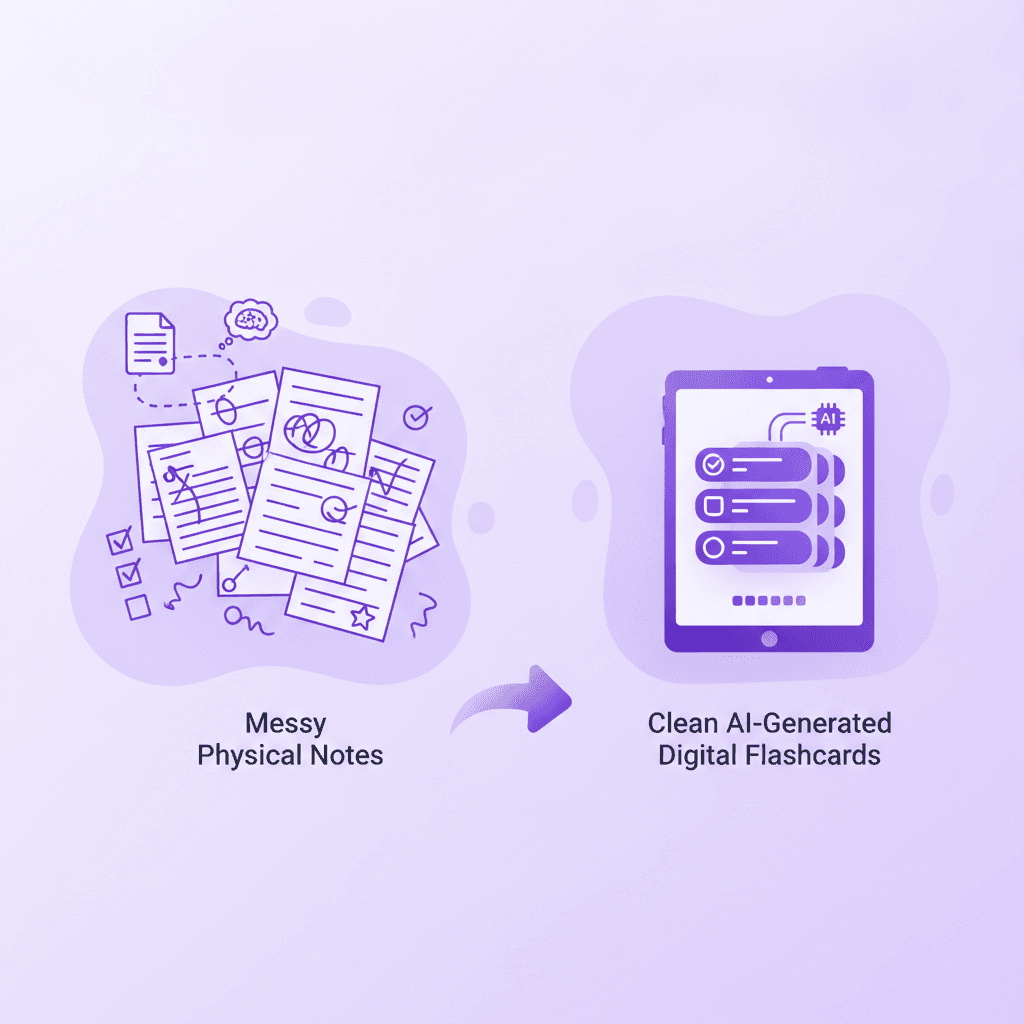 Comparing physical college notes with AI generated study materials on a tablet screen