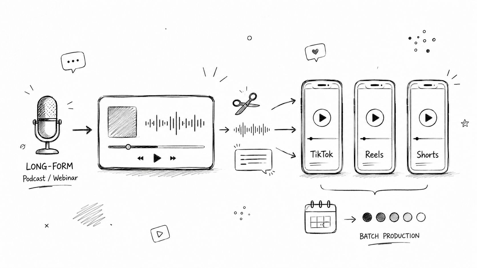 A hand-drawn illustration showing the workflow of repurposing long-form podcast or webinar content into short-form social media videos.
