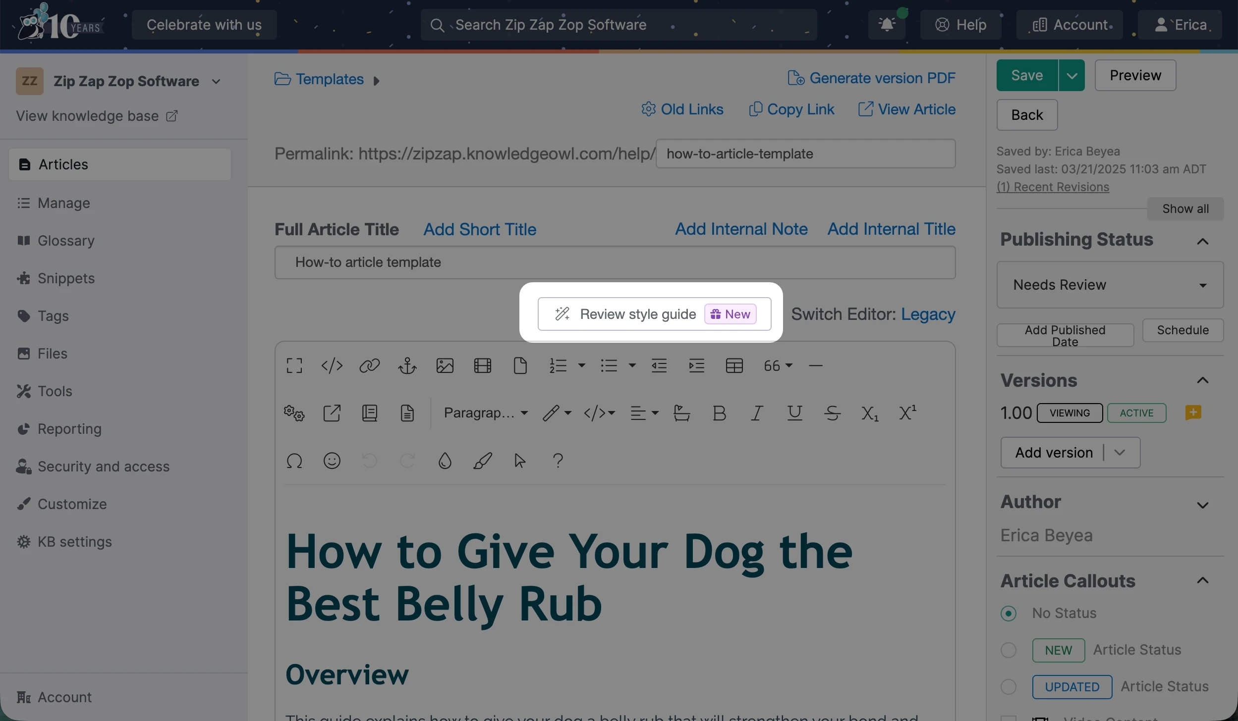screenshot highlighting that the style guide is accessible directly within the article editor