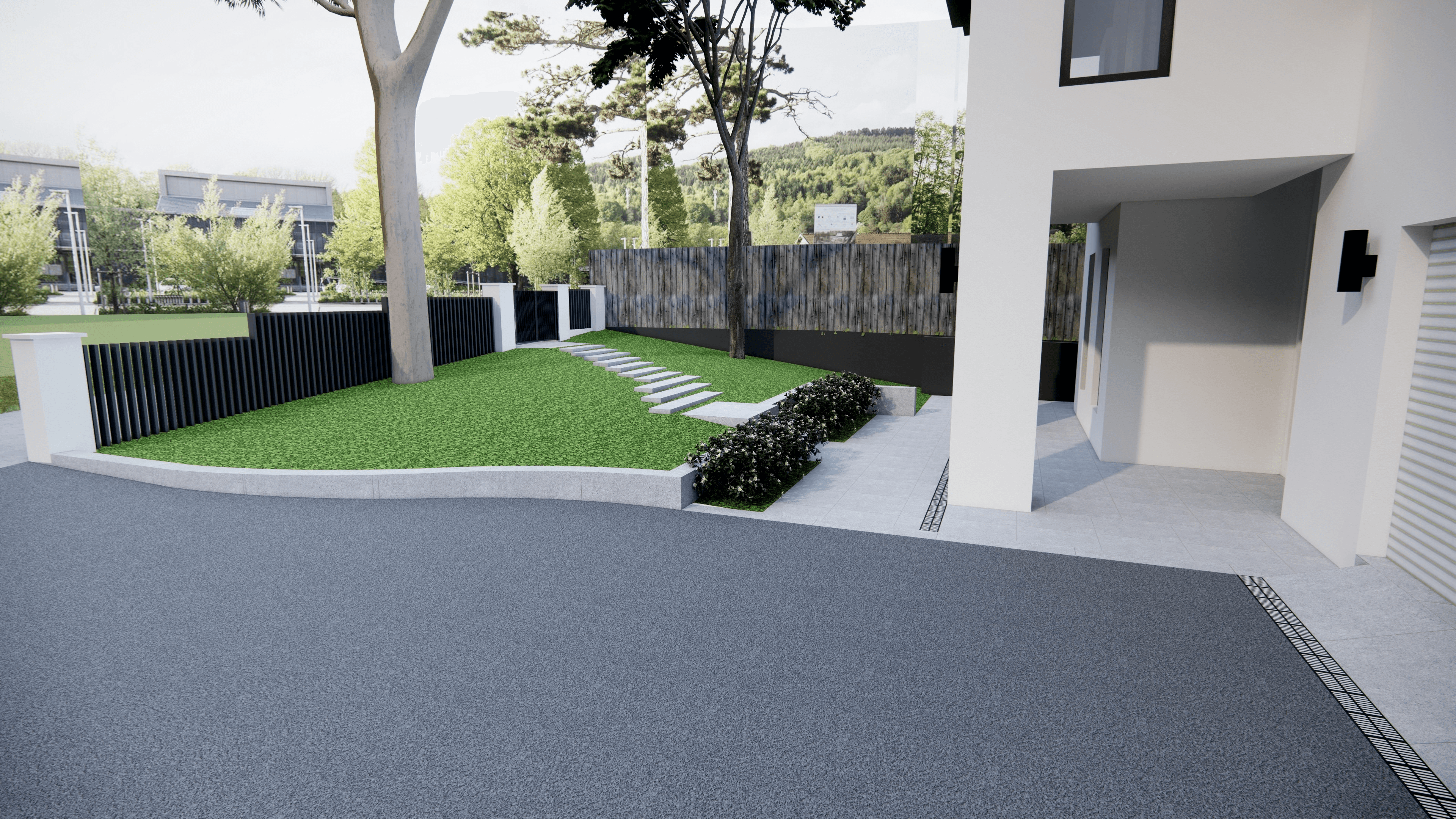 A modern, single-story home with large windows and a balcony overlooking a rocky landscape.