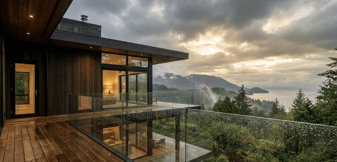 Modern West Coast home exterior with frameless glass deck railing overlooking Vancouver mountains and ocean, rainy overcast Pacific Northwest day with dramatic clouds, raindrops beading on crystal-clear glass panels, lush green temperate rainforest in background, contemporary architectural style with clean lines, warm interior lighting visible through large windows, wet cedar deck boards, misty atmosphere, professional architectural photography, wide angle lens, golden hour breaking through clouds, photorealistic, high detail, 4K