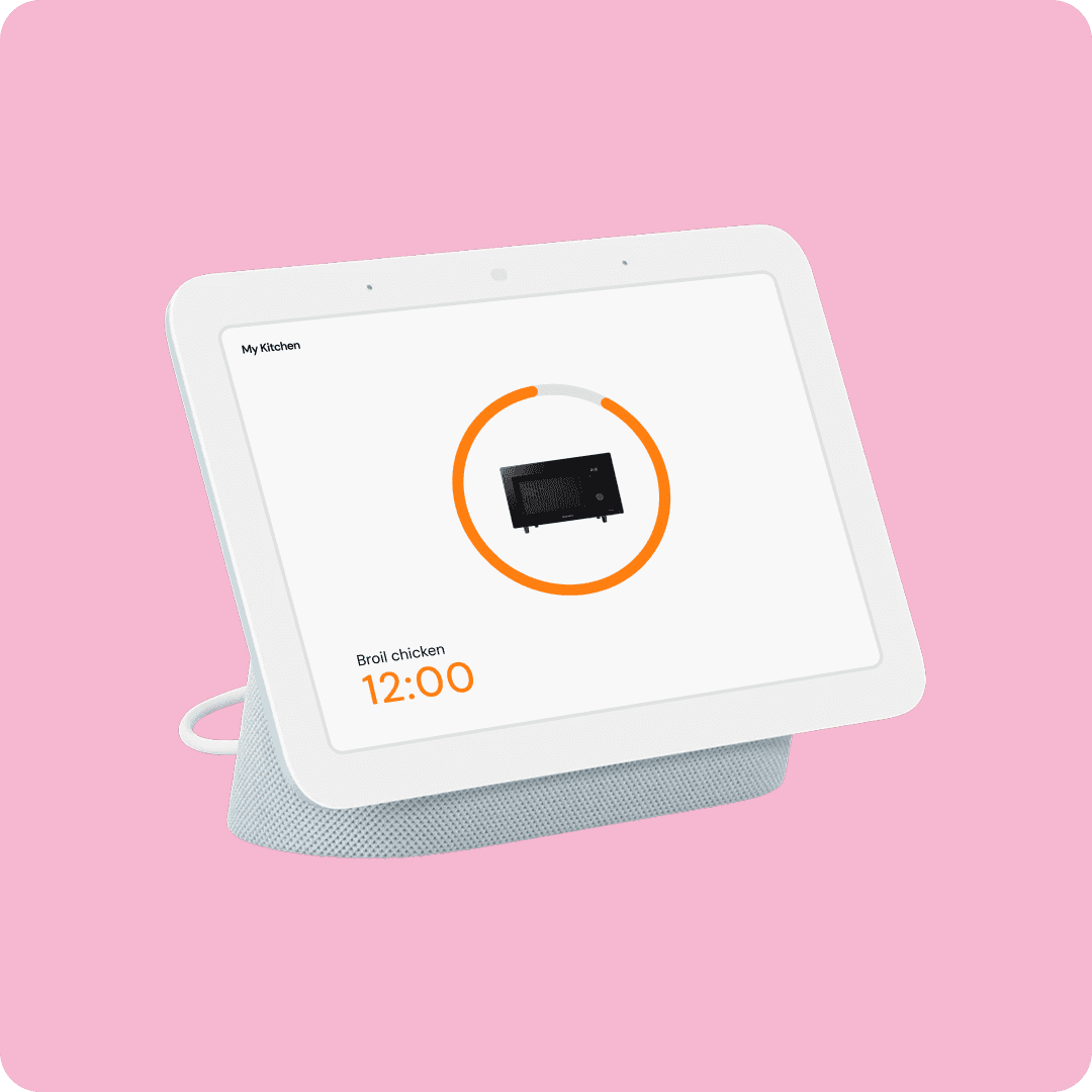 Smart display shows a connected oven cooking "Grill chicken 12:00" with a progress ring