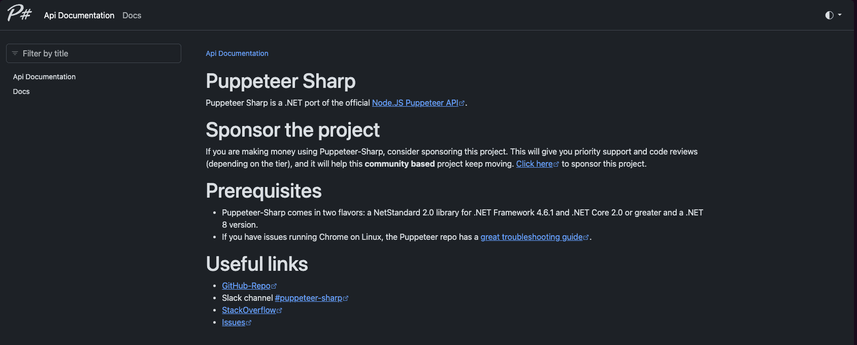 Homepage of PuppeteerSharp