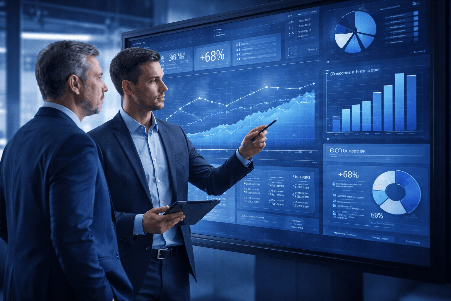 dirigeant PME avec consultant devant dashboard IA, ambiance stratégique, bleu corporate, sans texte.