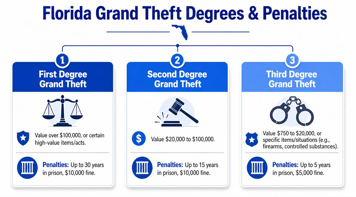 A chart detailing the three degrees of grand theft in Florida, including value ranges and penalties.
