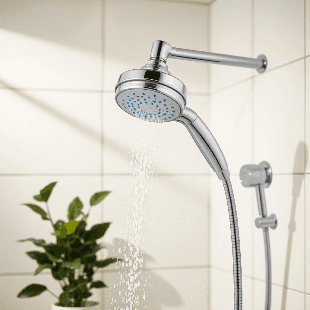 product photography of shower head with filter cartridges