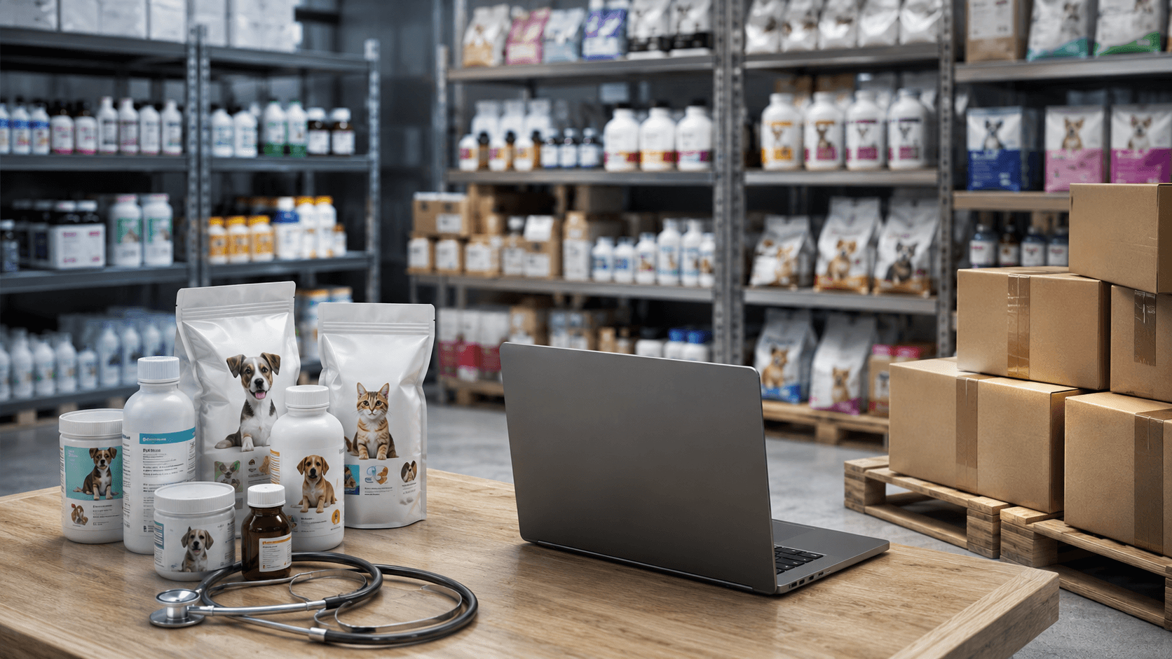 Ilustração 3D realista de um centro de distribuição veterinário moderno, com prateleiras organizadas contendo medicamentos, rações e insumos pet. Em primeiro plano, uma mesa com notebook aberto exibindo um portal B2B genérico sem texto legível, cercado por embalagens veterinárias e caixas de pedidos. Ambiente corporativo limpo, iluminação suave e profissional, transmitindo organização logística, controle de acesso e vendas B2B para clínicas veterinárias e pet shops. Formato widescreen 16:9, sem pessoas e sem textos visíveis.