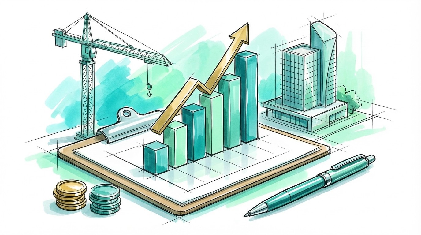 Ilustração em estilo rascunho de design (sketch) mostrando uma prancheta com um gráfico de barras financeiro em ascensão. Ao redor da prancheta, compondo o cenário sobre uma mesa, há um guindaste de construção, um edifício, pilhas de moedas e uma caneta. A arte possui traços soltos e é colorida com marcadores em tons vibrantes de verde-água com detalhes sutis em cores quentes sobre fundo branco.