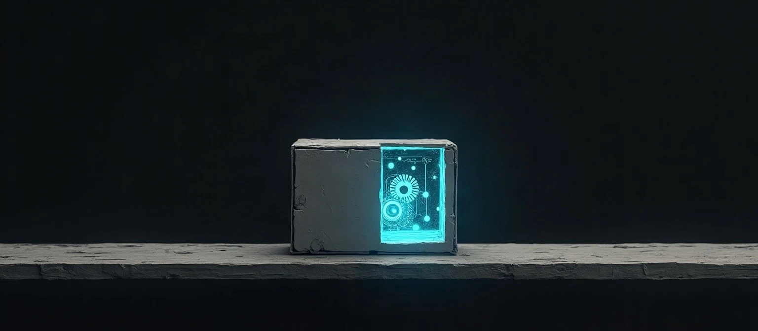 A plain grey box with a clean cutaway section revealing a glowing teal-cyan internal mechanism of gears and circuits, representing the real architecture an AI SDR tool reveals once you look past the demo.