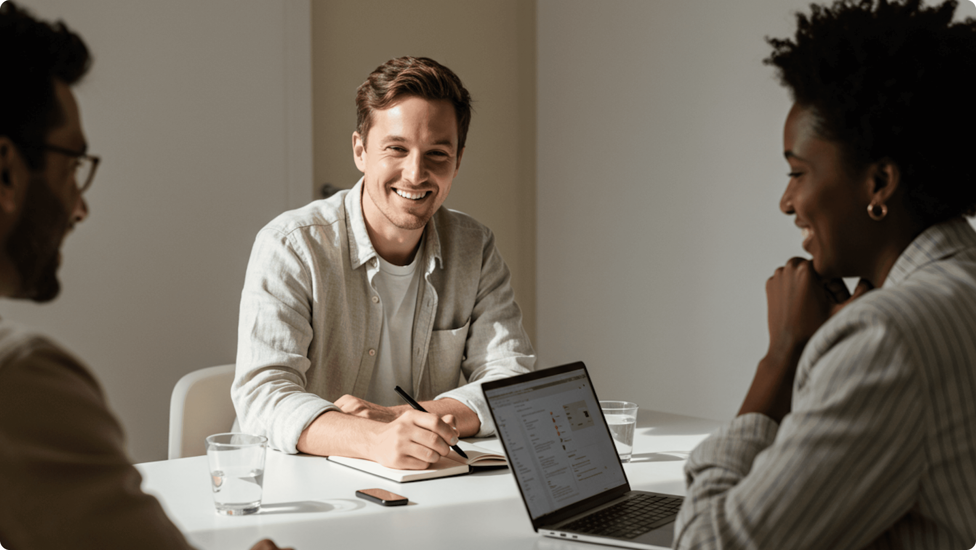 Colleagues discussing a project around a laptop