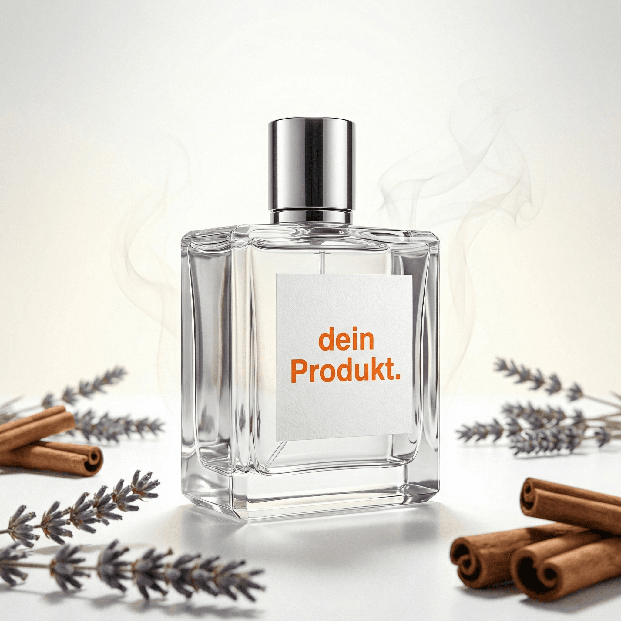 KI-Produktfotografie: Parfum-Flasche mit Zimtstangen und Lavendel – AI-generiertes Produktbild