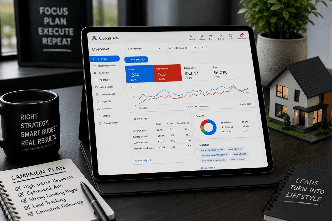 A real estate professional analyzing a Google Ads campaign dashboard on a tablet showing cost-per-click metrics.
